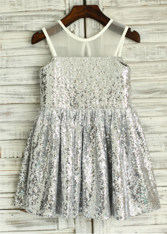 Silver Sequin Sheer Illusion Knee Length Tulle Flower Girl Dress 